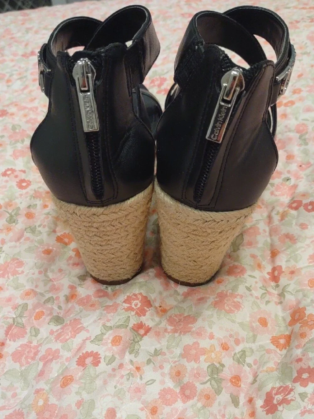 Calvin Klein Black Crisscross Wedge Sandals with Espadrille Heel